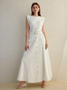 MOTF STUDIO BUTTON DECOR BELTED SKIRT