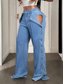 BamGleam Quần Jeans Nữ Thời Trang Sexy Rộng Rãi Nút Màu Trơn - Màu xanh lam - Xem 3