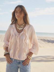 Aralina Ruffled V-Neck Long Sleeve Front Tie Blouse - Baby Pink - View 8
