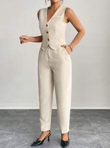 SHEIN PETITE Casual Sleeveless Open Front Vest & Long Pants Set Office Outfits For Women Business Women Attire In Fall/Winter
