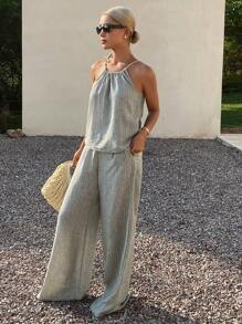 Livesso 2pcs Summer Women's Sets - Striped Halter Top And Long Pants, Fashionable - Grey - View 3