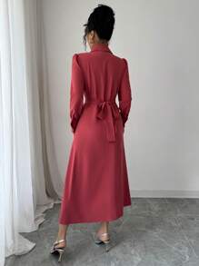 Modelyn Elegant French-Style Tie-Up Shirt Dress For Women Fall Cloth For Women - Watermelon Pink - View 2