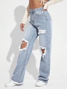 SHEIN EZwear Jeans de pierna ancha con cortes y aberturas para mujer, ideal para el verano - Gris Claro - Ver 4
