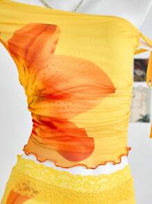 SHEIN Leap Crew 少女日落扎染花卉针织网眼不对称领口蝴蝶结褶饰上衣和 A 字形不对称下摆半身裙套装，休闲海滩度假日常装 - 黃色 - 查看 5