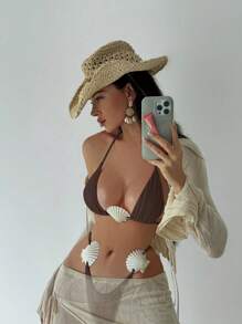 Swim SXY Women Solid Color Shell Print String Bikini Bottom Beach, Summer, Festival Boho - Brown - View 4