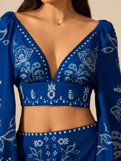 CAJUNI Women's Boho Vintage Embroidered Floral Print Casual V-Neck Lantern Sleeve Tie Back Long Sleeve Blouse