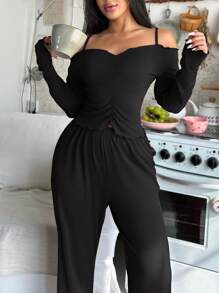 Snug Zone Black Knitted Cold Shoulder Lounge Set With Ruched Spaghetti Strap Top And Long Pants Lounge Set Cute Pj Set Women, Fall Winter Clothes, Cozy Outfit - Black - View 5
