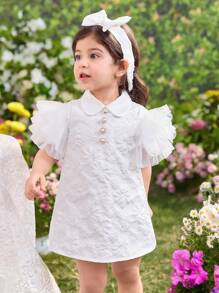 Baby Girl Fitted Woven Solid Color Ruffled Collar & Sleeve Dress - White - View 5