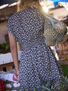 Aralina 夏日度假派对花卉 V 领迷你连衣裙 - 黑色 - 查看 2