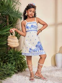 SHEIN Vestido de gasa con estampado floral, nudo en la cintura, sin espalda, lazo decorativo y corte evasé para niñas preadolescentes, ideal para uso casual y vacaciones - Azul - Ver 5
