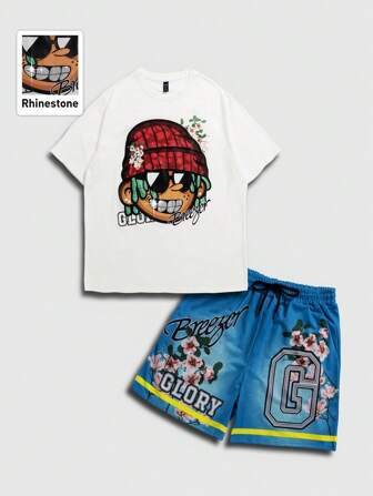 Street Life 2pcs Men's Y2K Street Life Streetwear Anime Print Short Sleeve T-Shirt & Shorts Set,