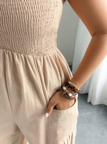 Flirla Plus Size Summer Elegant Solid Color Draped Ruffle Hem Jumpsuit - Khaki - View 6