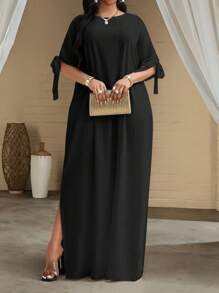 SHEIN Lady 节日连衣裙加大码短袖女士长袍宽松垂坠节日新娘送礼会礼服海滩女士高腰修身连衣裙 - 黑色 - 查看 3