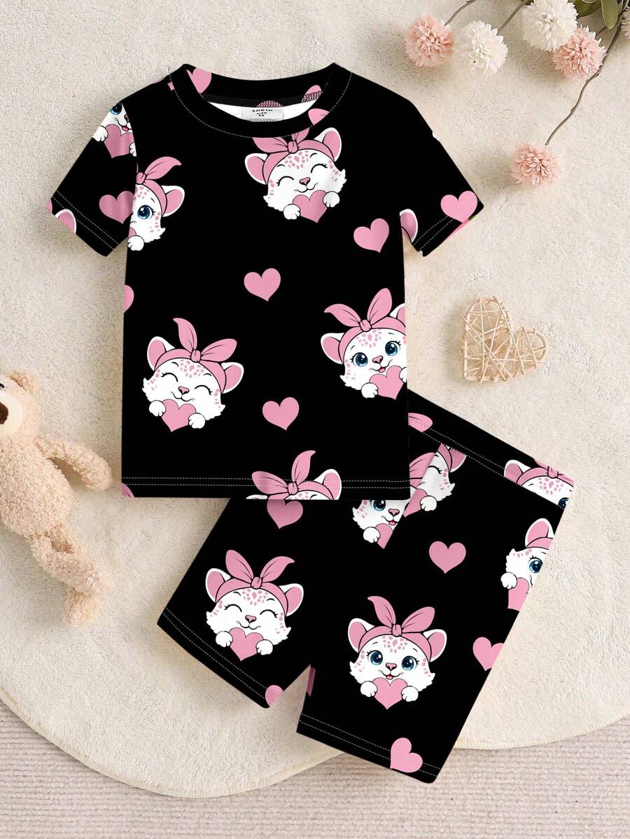 SHEIN 女婴休闲简约爱心猫咪图案短袖T恤和短裤修身睡衣套装 - 彩色 - 查看 1