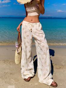 SHEIN Unity Apricot & Yellow Embroidery Textured Fabric Elegant Holiday Casual Drawstring Wide Leg Pants For Women Beach Outfits For Woman Resort Wear Women Summer Sets Beach Women Outfits Fall Cloth For Women
