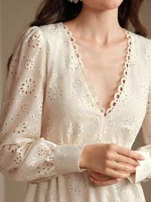 Anewsta Women's Long Sleeve Floral Pattern Cutout Waist Embroidered Dress, Summer - Apricot - View 5