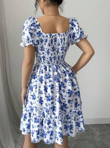 Elenzga Spring/Summer New Ditsy Floral Fashion Casual Vacation Shirred Ruffle Sleeve Waist Cinched Flowy Mini Dress - Blue and White - View 2