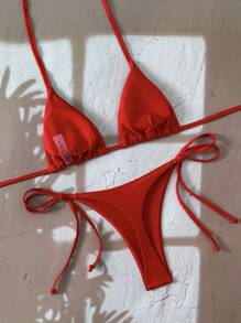 SHEIN Set bikini sexy cu tricou și legături laterale pentru femei, culoare uni, fără spate, tip halter
