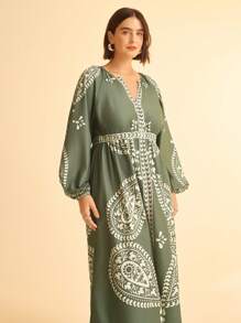 CAJUNI Tropical Print V-Neck Long Lantern Sleeve Split Loose Green Beige Casual Maxi Dress For Plus Size Women