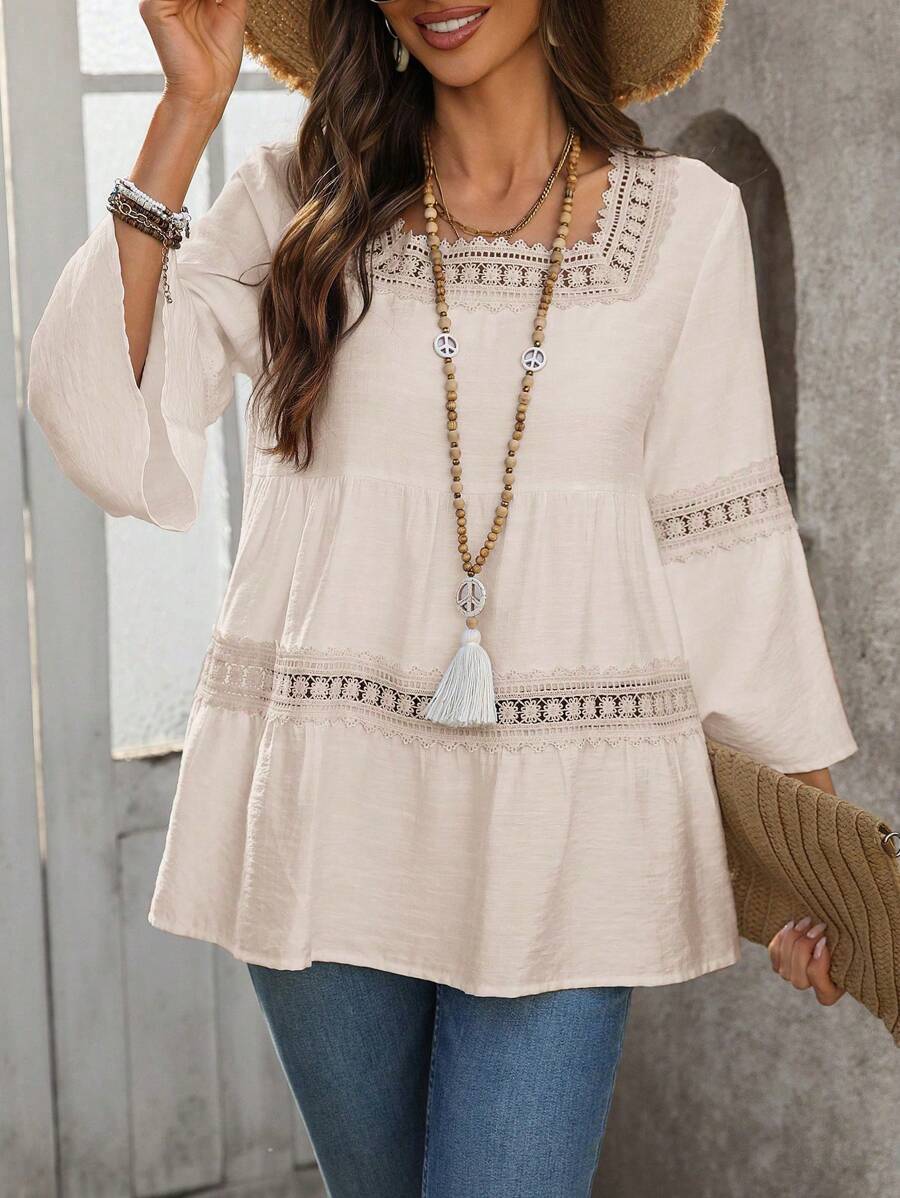 EMERY ROSE Áo cánh ren trơn màu giản dị cho kỳ nghỉ của phụ nữ - Màu Hồng baby - Xem 1