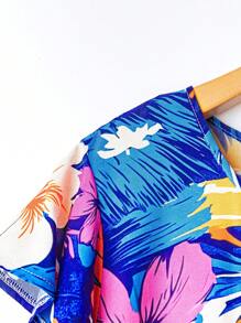 EMERY ROSE 大码女式花卉印花圆领荷叶边袖娃娃裙休闲度假连衣裙，夏季 - 彩色 - 查看 5