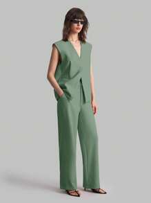 Ontre Nuevo top de chaleco casual de mujer de 2025 verano, con cuello en V, abotonadura frontal, hombreras, apropiado para bodas, conciertos, brunch, uso casual en el aeropuerto, estilo vintage de los 90, estilo de Estocolmo, Día de la Independencia Americana
