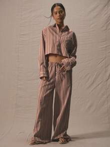 MUSERA Chemise à manches longues rayée ajustée court, style boxy. Idéale pour le printemps, les vacances, le quotidien, les jours fériés, l'aéroport, la rentrée, l'automne, Noël. Élégante.