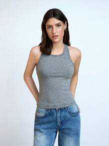 Maija 2025 Estate Nuovo Grigio Asimmetrico Incrocio traforato Design Donna Senza Maniche Maglia Canotta, Chic Urbano Quotidiano Pendolare Moda, Casual Versatile Estate Spiaggia Vacanza Uso Quotidiano, Elegante Festa Matrimonio Ospite Brunch Musica Festival Laurea