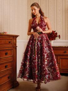 SHEIN Unity 春夏新款浪漫派对约会连衣裙，女士优雅花卉刺绣V领无袖露背长裙 - 酒紅色 - 查看 4