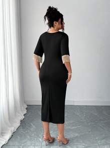 Elenzga Vestido fluido negro para mujeres de talla grande, cuello en V con encaje floral dorado y mangas con flecos, apto para fiestas, banquetes, citas, bodas, primavera/verano - Negro - Ver 2
