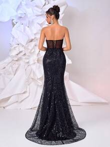 Glamrae Elegant And Gorgeous Black Sequin Embroidery Handmade Black Pearl Avant-Garde Special V-Neck Waist Section Perspective Sexy Slit Fishtail Skirt Tail, Suitable For Dinner, Bachelorette Party, Date, Vacation, Back To School Season, Graduation Season, Wedding Events, Heavy Industrial Evening Dress (Heavy Model) - Black - View 6