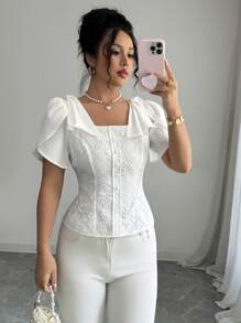 Elenzga Áo sơ mi tay ngắn thắt nơ trang trí họa tiết jacquard thanh lịch - trắng - Xem 1