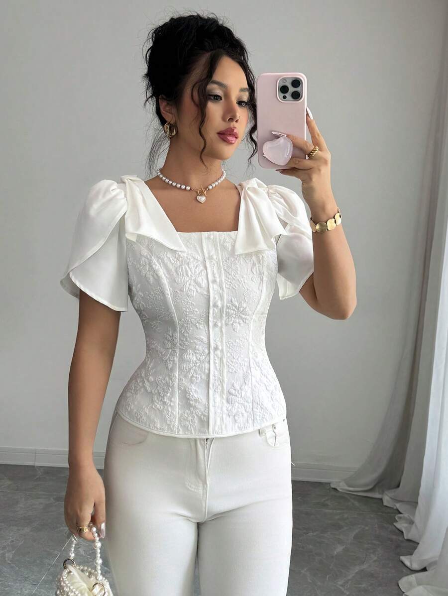 Elenzga Áo sơ mi tay ngắn thắt nơ trang trí họa tiết jacquard thanh lịch - trắng - Xem 1