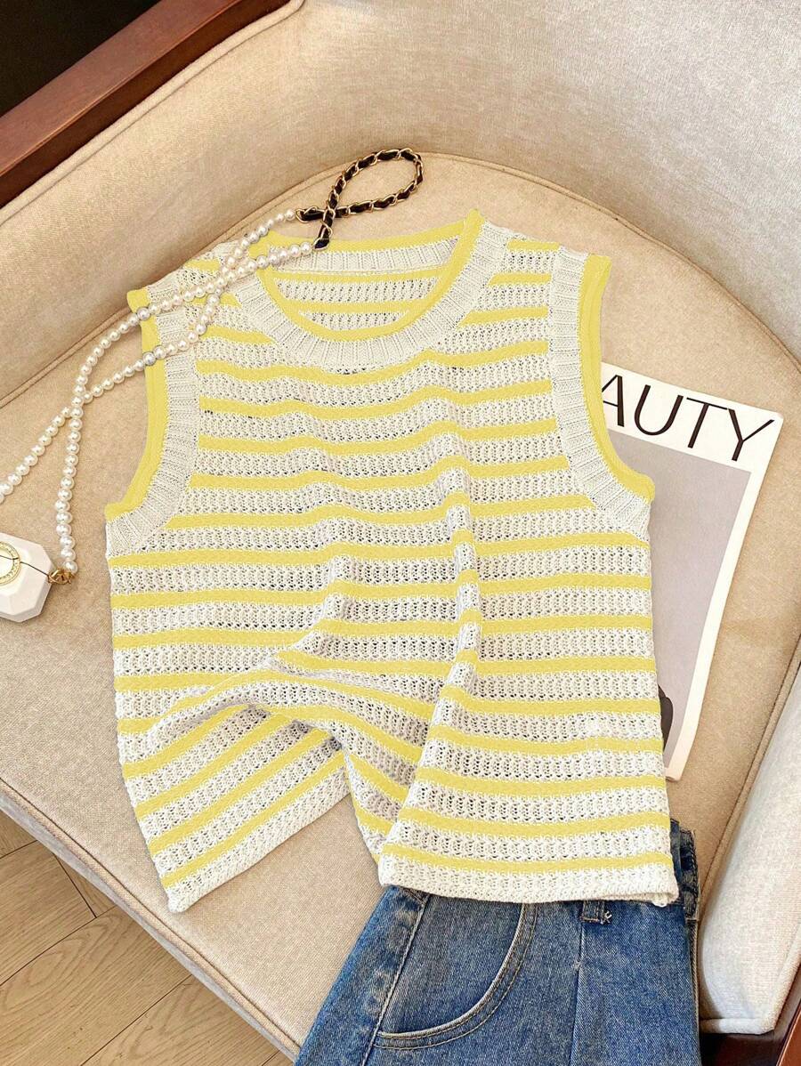 Franclia Áo len dệt kim sọc tương phản cổ điển mới, áo len chui đầu không tay thiết kế độc đáo cho nữ - Nhiều màu - Xem 1