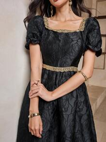 DAZY 女士优雅亮片装饰提花泡泡袖中长连衣裙，夏季