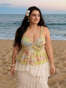 SHEIN MOD 大码女式绿色夏季度假花卉印花荷叶边吊带背心，适合度假、野餐、约会 - 綠色 - 查看 1