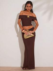 SHEIN BAE Brown Boho Mesh Knitted Off-Shoulder Starfish Metal Detail Off-Shoulder Top Suitable For Vacation Spring And Summer Elegant Sexy Beach Vacation Summer Top, Ibiza, Holiday, Cute, Romantic, Festival, Vacation Island Vacation, Beach - Brown - View 4