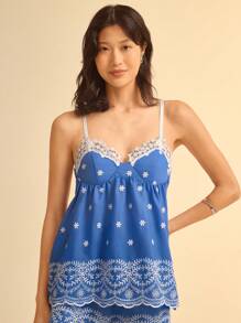 CAJUNI 女士度假蓝白编织花卉刺绣纹理面料拼接蕾丝吊带背心，夏季假日海滩约会细肩带上衣 - 彩色 - 查看 5