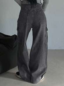 DAZY Jeans cargo de unicolor de pierna ancha y largo, de corte holgado para mujer