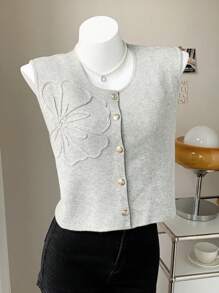 Comfortcana 女士时尚百搭单排扣针织开衫背心 - 灰色 - 查看 6