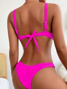 Swim SXY Summer Beach Twist High Cut Bikini Set - Hot Pink - View 2