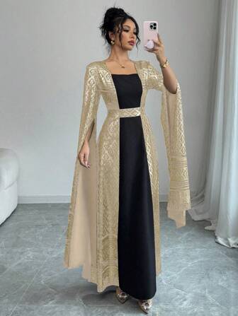 Rafferiza Elegant fyrkantig krage, ängelärm, guldfolie, blommig långklänning, vår/sommar