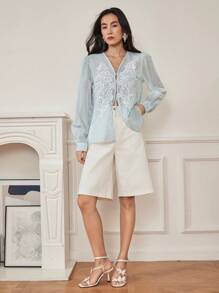 Dazy-Less Women's Elegant Casual Holiday Blooming Flower Decor Crochet Lace Trim Organza Chiffon Drawstring Cardigan Long Sleeve Blouse, Summer,Fall Women Clothes Business Casual Woman Work Clothes - Baby Blue - View 2