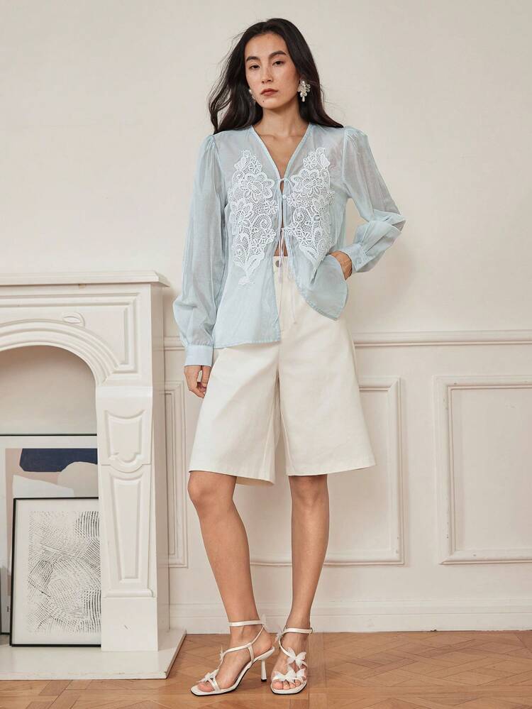 Women's Elegant Casual Holiday Blooming Flower Decor Crochet Lace Trim Organza Chiffon Drawstring Cardigan Long Sleeve Blouse, Summer,Fall Women Clothes Business Casual Woman Work Clothes