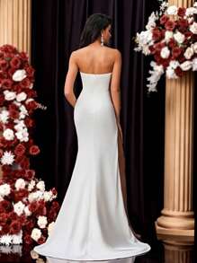 Glamrae Elegant White Glossy Elastic Satin Tube With Fishbone Strips, Romantic 3D Three-Dimensional Floral Fishtail High Slit, Suitable For Graduation And Homecoming Season Wedding Events And Gift-Giving Parties, Light Wedding Dresses For Brides, Heavy-Duty Evening Dresses, Formal, Party Dress, Gown, For Wedding Guest - White - View 2