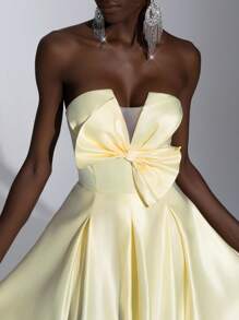 Elitara 优雅奢华缎面手工超大蝴蝶结 V 领性感开衩褶皱超喇叭下摆女士晚会正式礼服