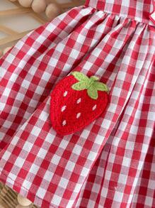 SHEIN Newborn Baby Girl's Cute Red & White Plaid Strawberry Print Peter Pan Collar Bodysuit With Headband, Summer - Red and White - View 6