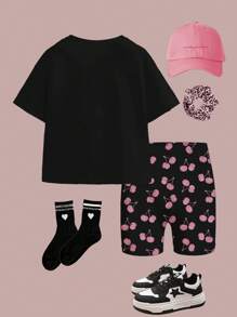 SHEIN Happikins Young Girl Casual Simple Short Sleeve Shorts 2 Pieces Set, Suitable For Summer