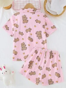 2 Peças Conjunto de Roupas Casuais de Manga Curta e Shorts com Estampa de Capivara Cartoon para Meninas Pré-Adolescentes, Moda de Volta às Aulas - Multicolorido - Visão 2