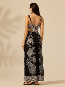 CAJUNI 女式黑白热带花卉刺绣印花镂空腰后绑带无袖黑色连衣裙，伊比沙岛女士假日休闲夏装夏季服装